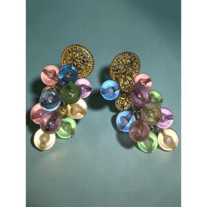 Vintage Pastel Glass Grape Cluster Earrings Gold Tone Filigree Italian Summer